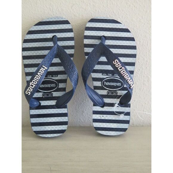 Havaianas Boy's Size 7/8C Blue/White Striped Slim Rubber Thong Flip Flop - Picture 1 of 6